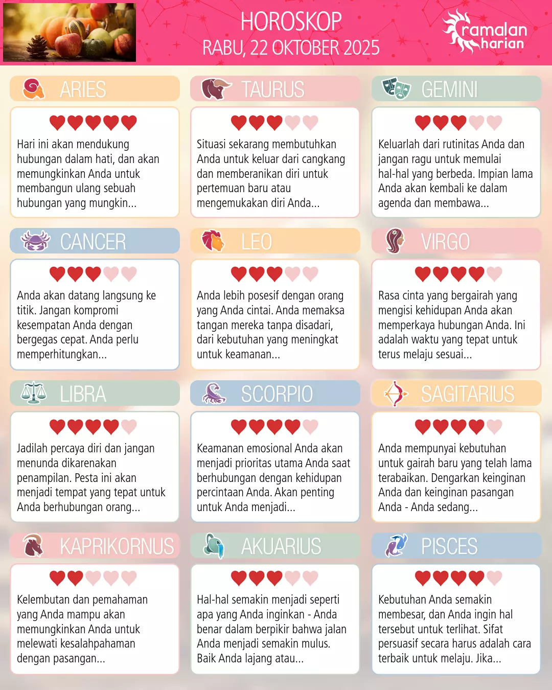 Ramalan bintang rabu 22 oktober 2025