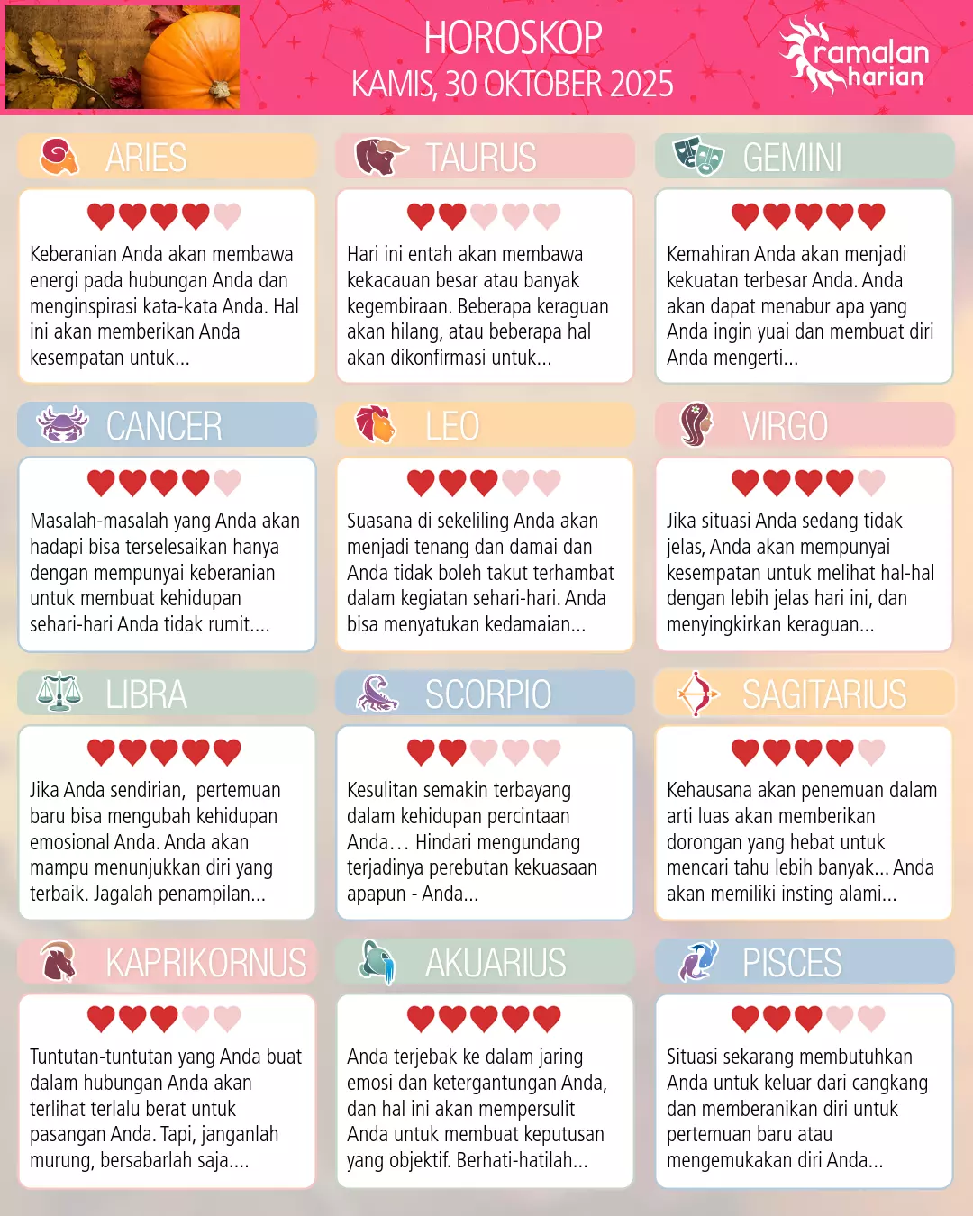 Ramalan bintang kamis 30 oktober 2025