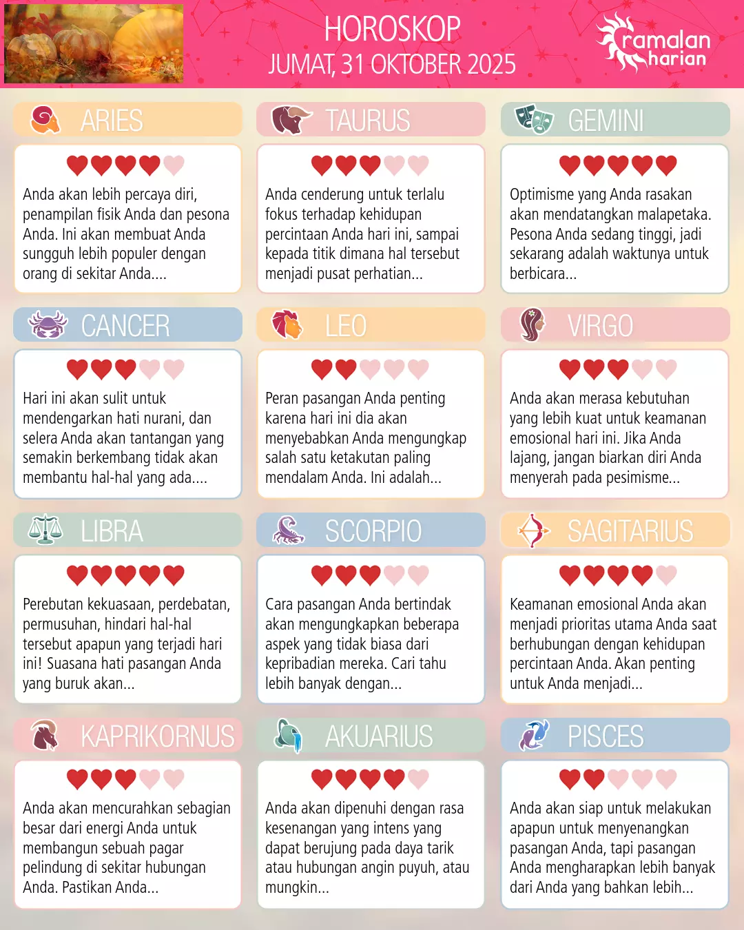 Ramalan bintang jumat 31 oktober 2025
