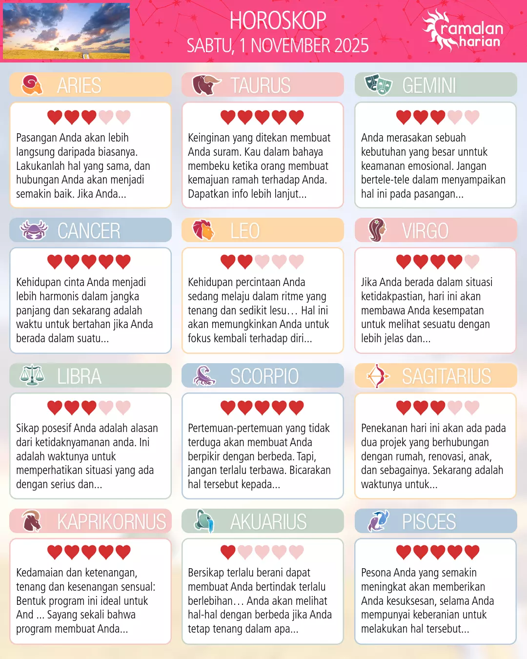 Ramalan bintang sabtu 1 november 2025