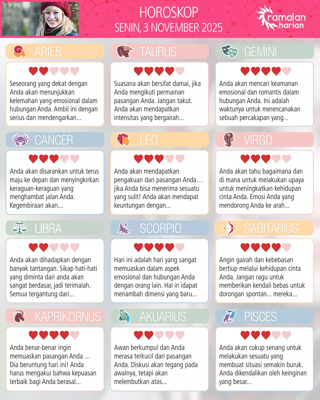 Ramalan bintang senin 3 november 2025