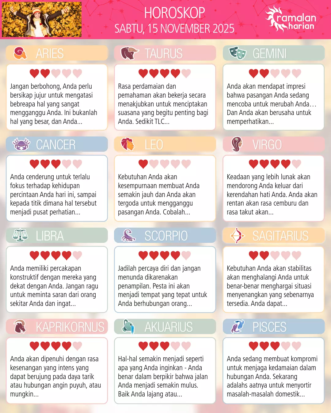 Ramalan bintang sabtu 15 november 2025
