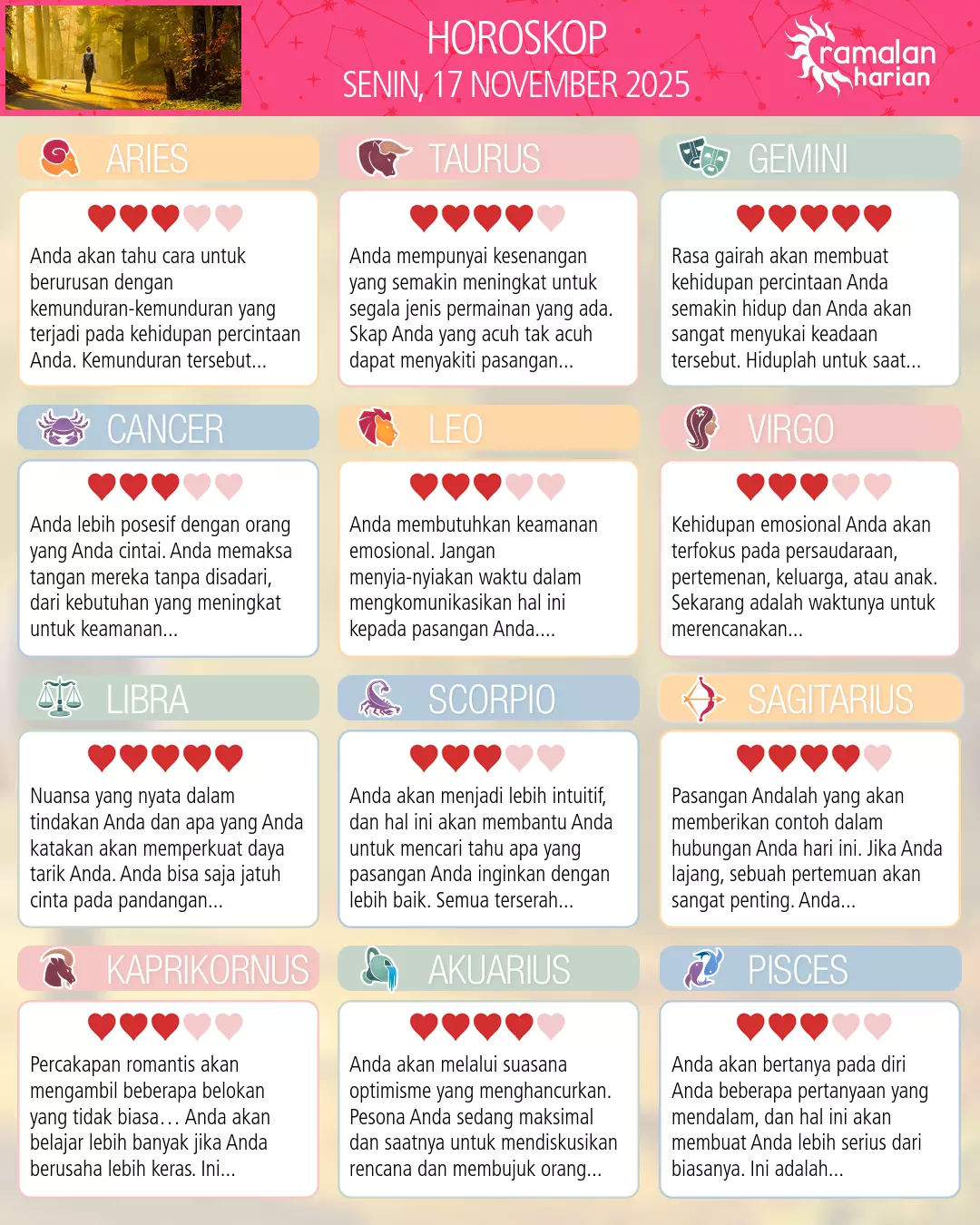 Ramalan bintang senin 17 november 2025