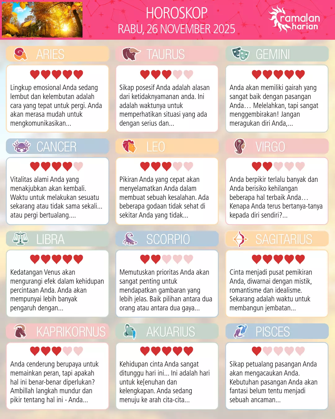 Ramalan bintang rabu 26 november 2025