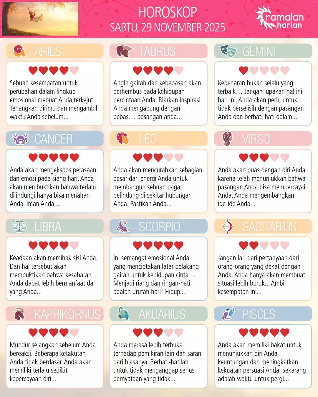 Ramalan bintang sabtu 29 november 2025