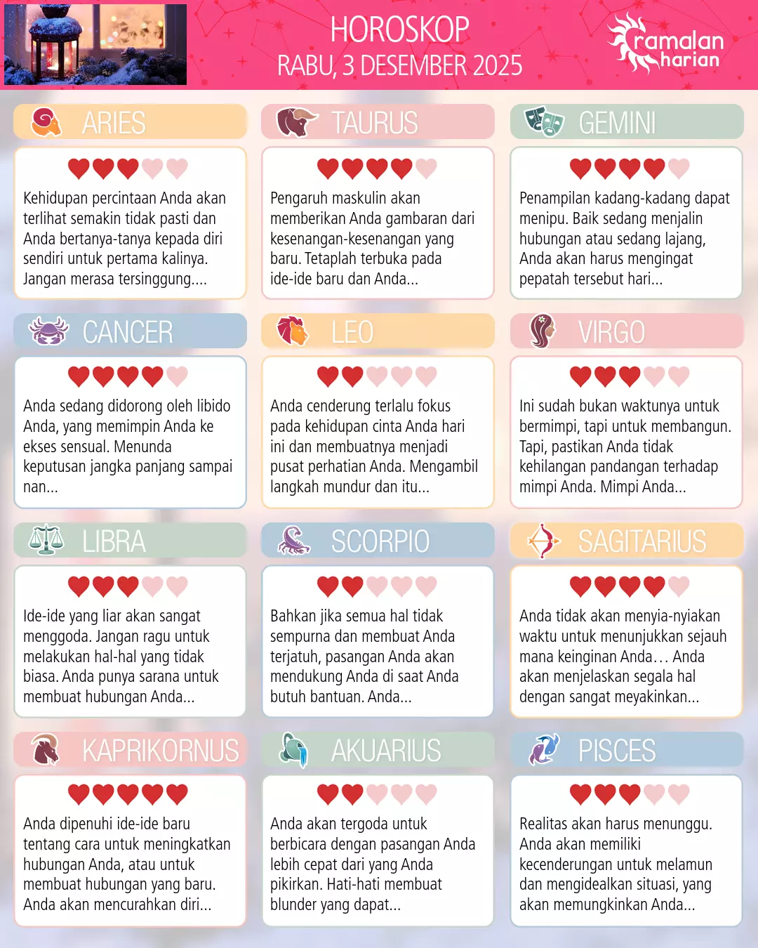 Ramalan bintang rabu 3 desember 2025