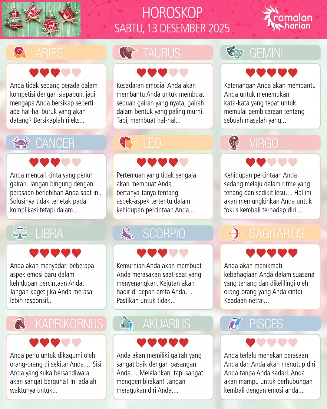 Ramalan bintang sabtu 13 desember 2025