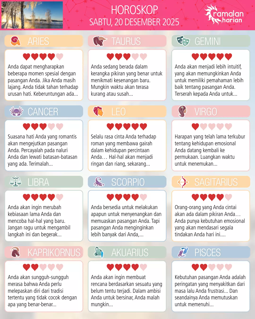 Ramalan bintang sabtu 20 desember 2025