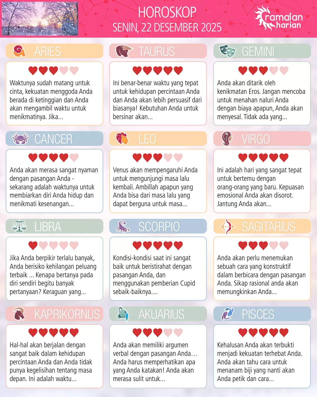 Ramalan bintang senin 22 desember 2025