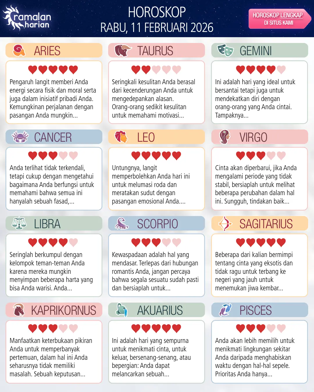 Ramalan bintang rabu 11 februari 2026