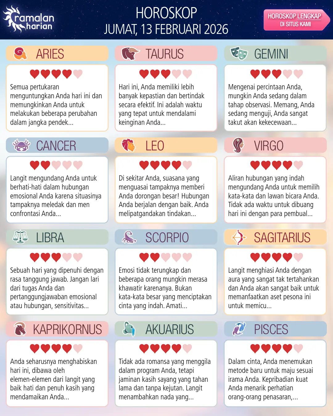 Ramalan bintang jumat 13 februari 2026