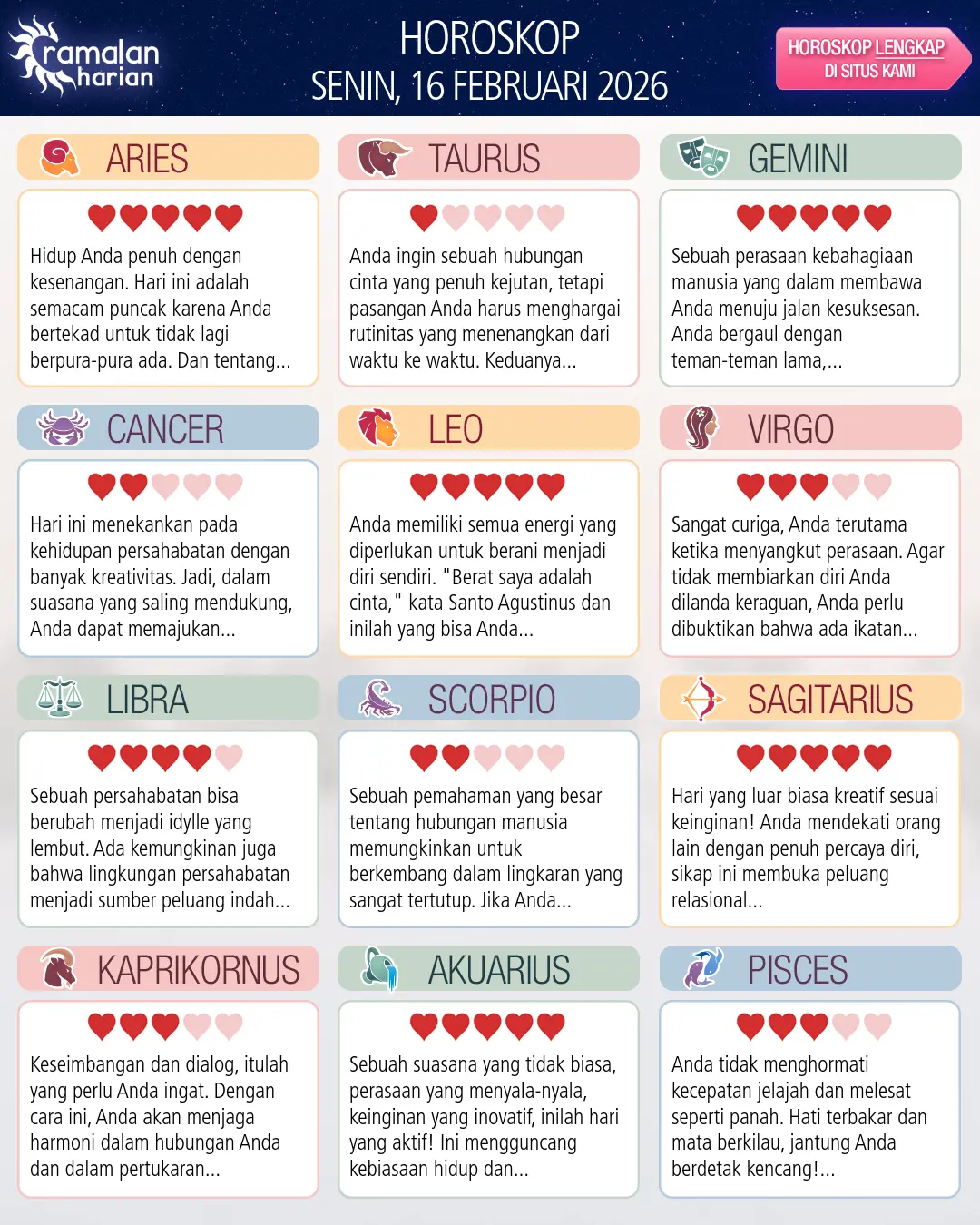Ramalan bintang senin 16 februari 2026
