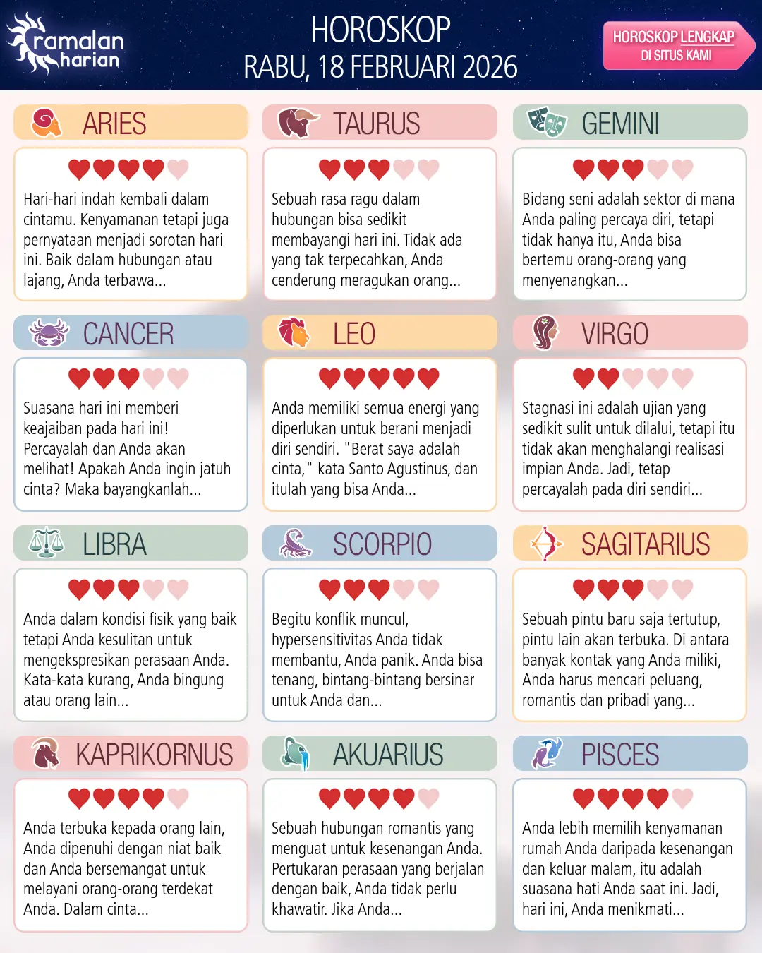 Ramalan bintang rabu 18 februari 2026
