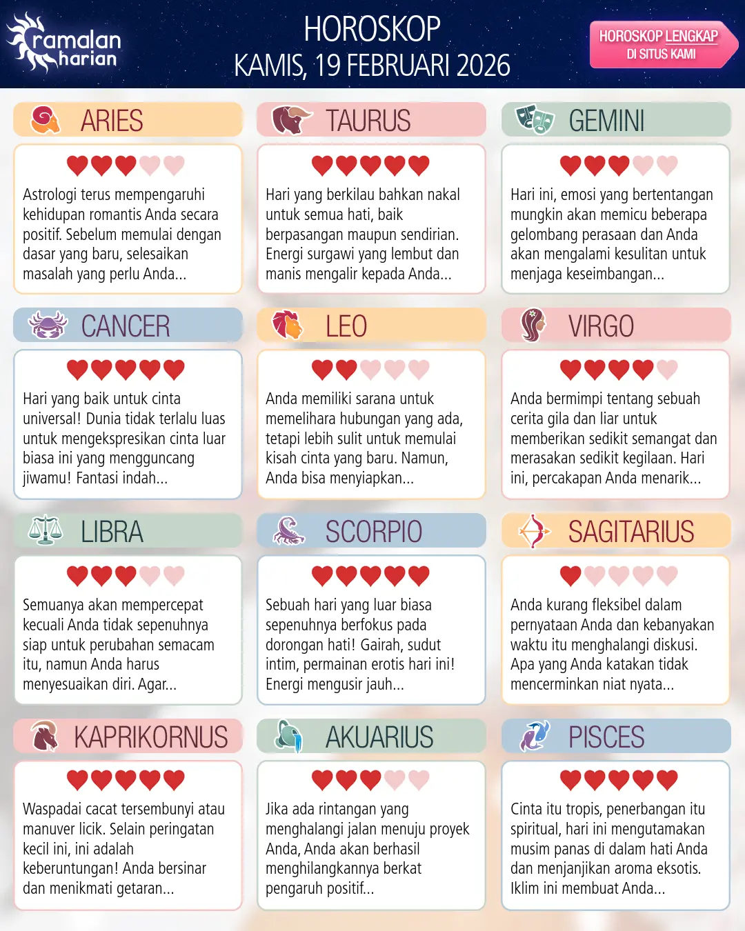 Ramalan bintang kamis 19 februari 2026