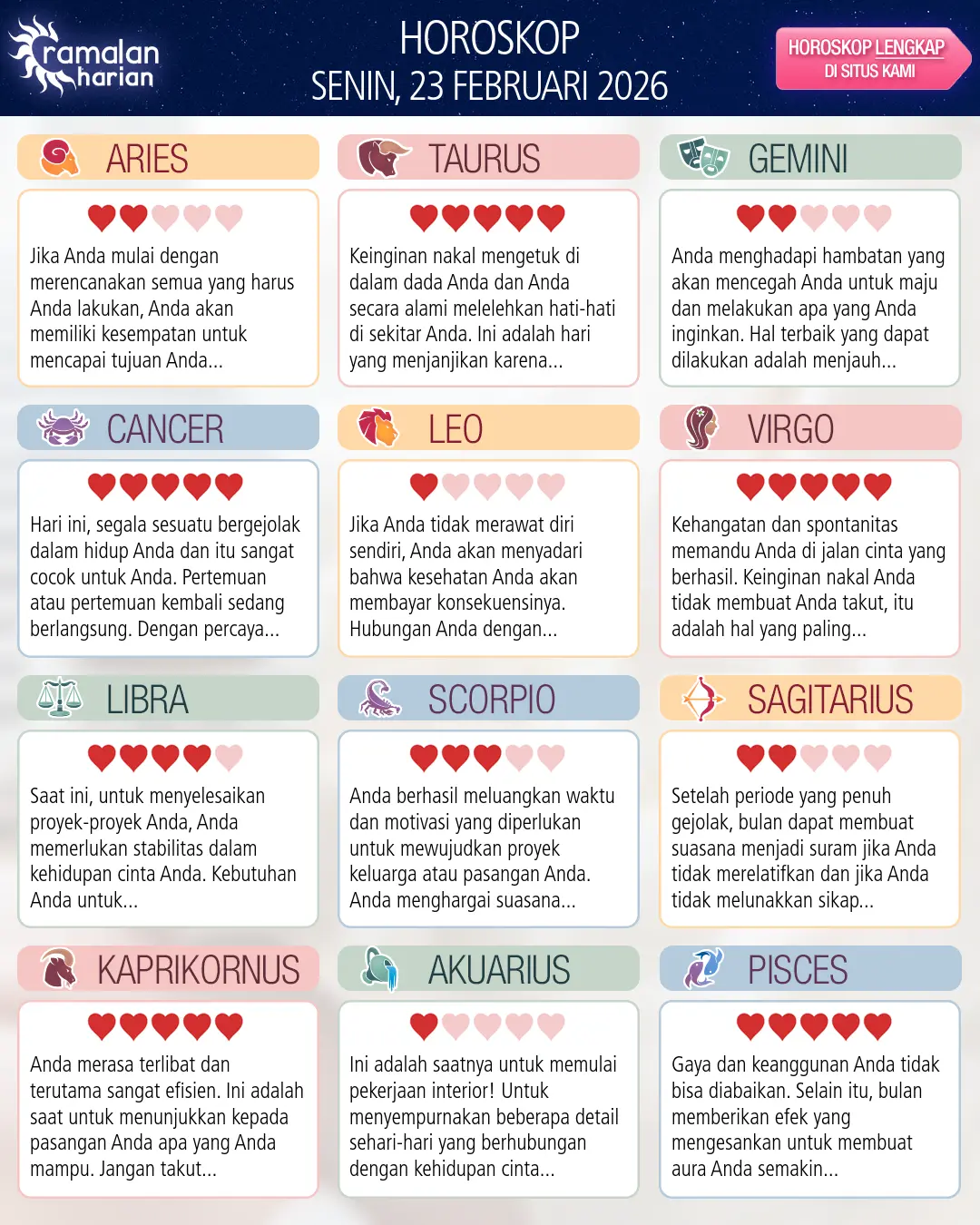 Ramalan bintang senin 23 februari 2026