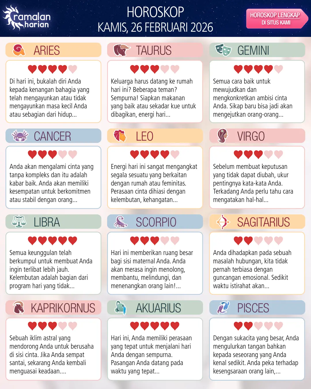 Ramalan bintang kamis 26 februari 2026