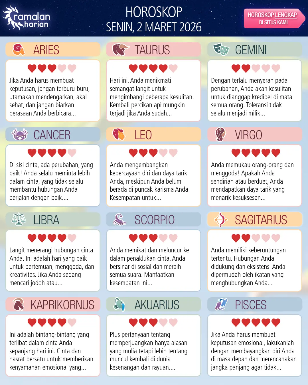 Ramalan bintang senin 2 maret 2026
