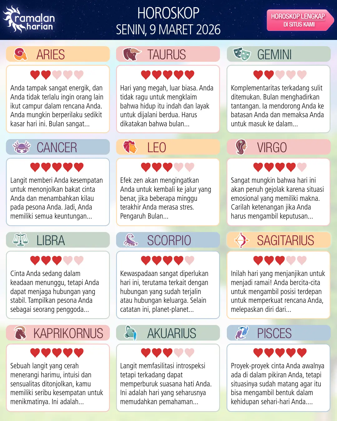 Ramalan bintang senin 9 maret 2026
