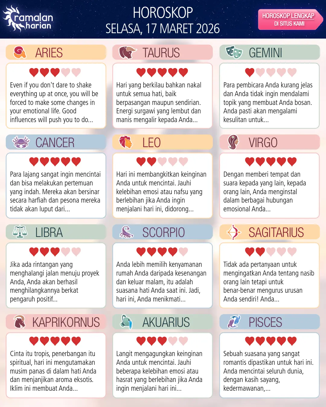 Ramalan bintang selasa 17 maret 2026