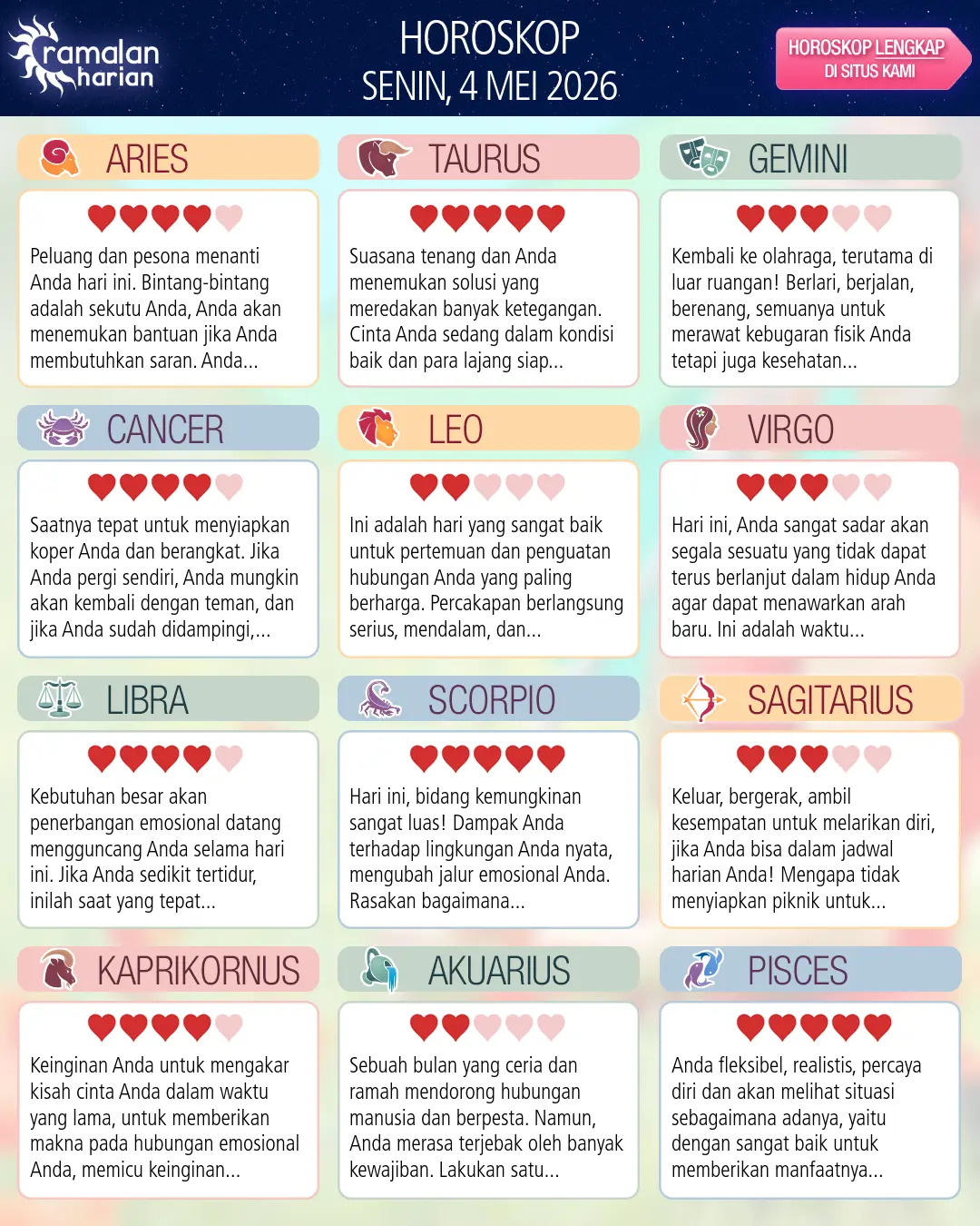 Ramalan bintang senin 4 mei 2026